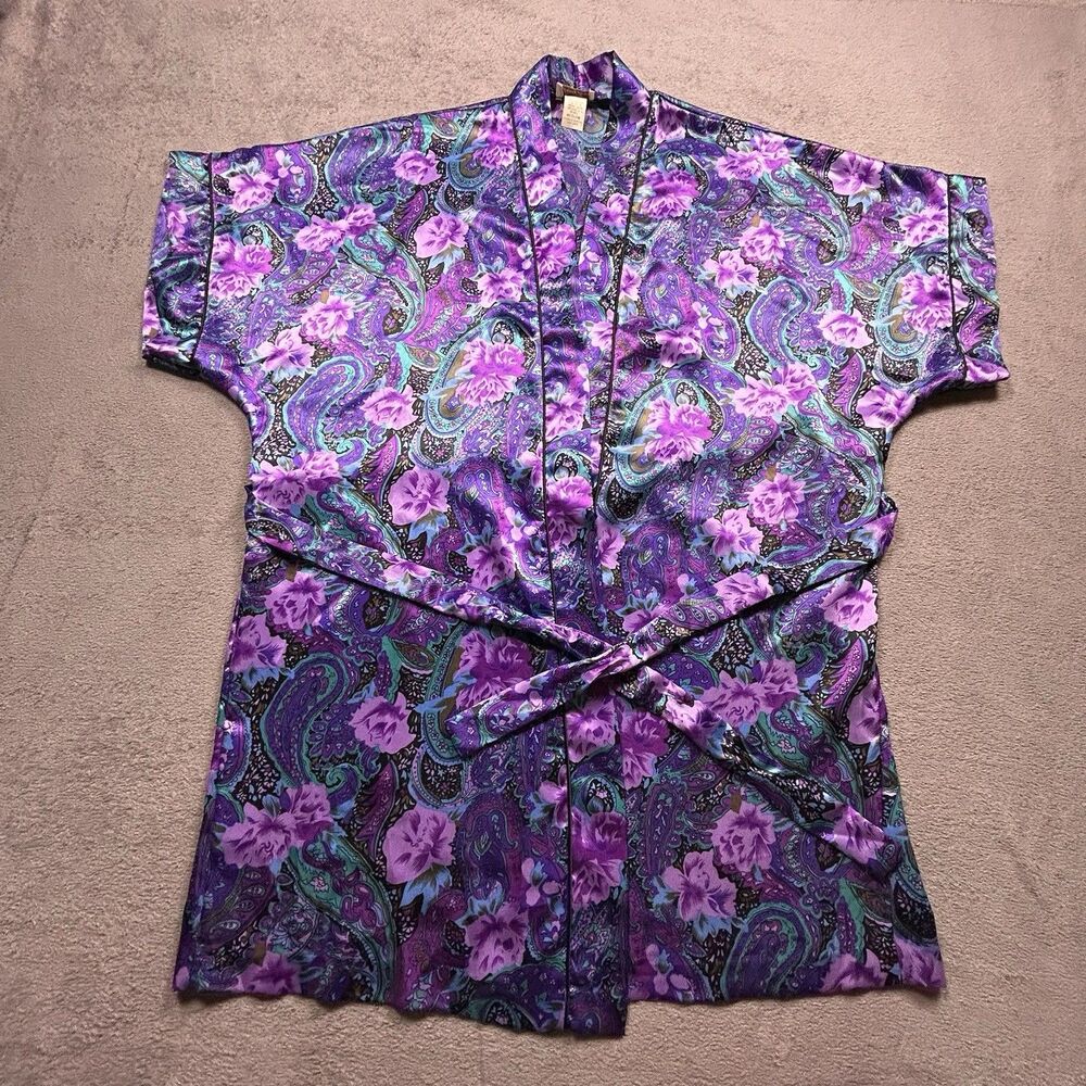 Sincerely Natalie Robe Womens M Purple Paisley Floral Silky Whimsigoth Vintage